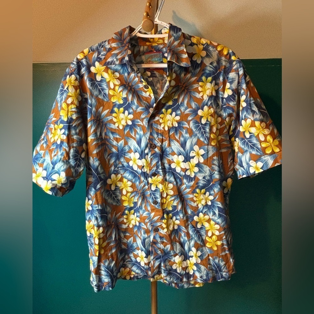 Reyn Spooner Joe Kealuhas Blue Brown and Yellow Hawaiian Floral Shirt